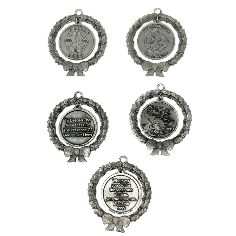 VTG Lot St. Vincent de Paul Catholic Church Pewter 5 Christmas Ornaments 2.5"